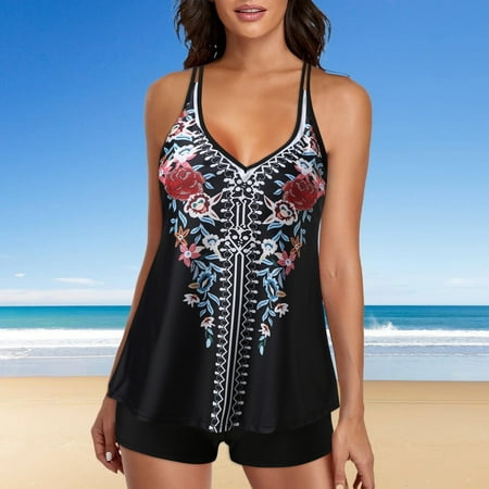 IDALL Tankini Swimsuits Bathing Suit Vintage Tribal Print Double Straps Tankini Top Swimsuits Long Torso Tank Tops With Boyshorts Underwire Swimsuits High Waisted Bikini Sets Two Piece Swimsuit Red S