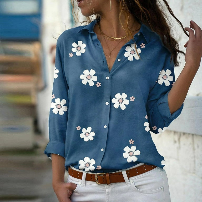 Plus Size Women's Tops, Athletic Long Sleeve Shirt Women Shirts For Casual  Summer White Top Cotton Women's Urban Fashion Loose Floral Printed Button  Blouse Casual Tops Lot Pack Of (S, Blue) TBKOMH 