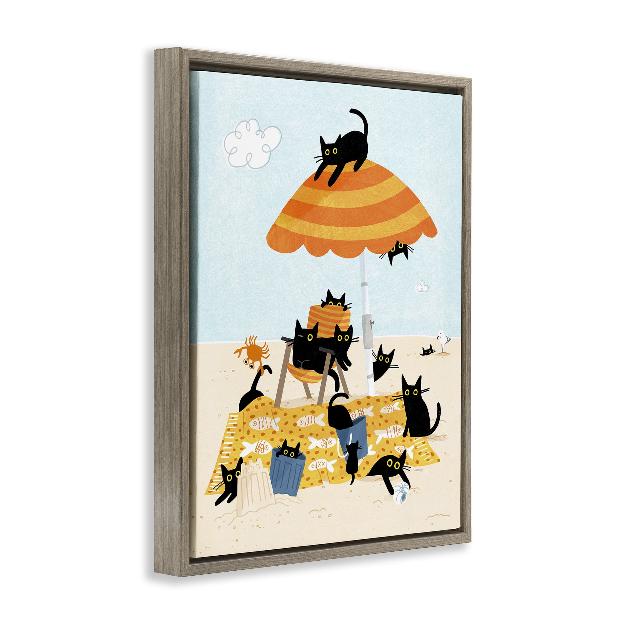 Stupell Industries Black Cat Beach Day Animals Painting Brown Floater Framed Canvas Art Print Wall Art, 17 x 21