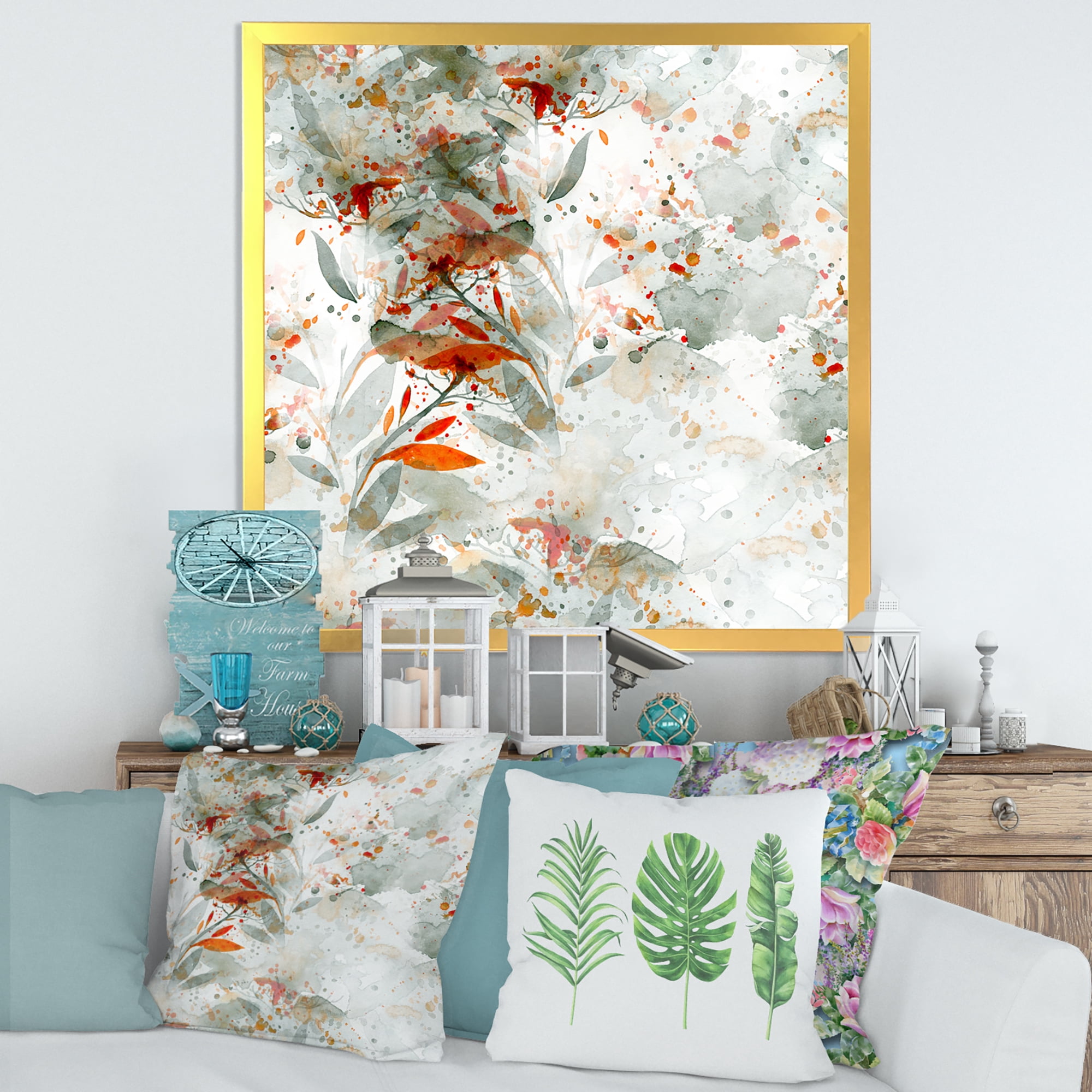 Designart 'Orange and Green Wildflowers II' Modern Framed Art Print