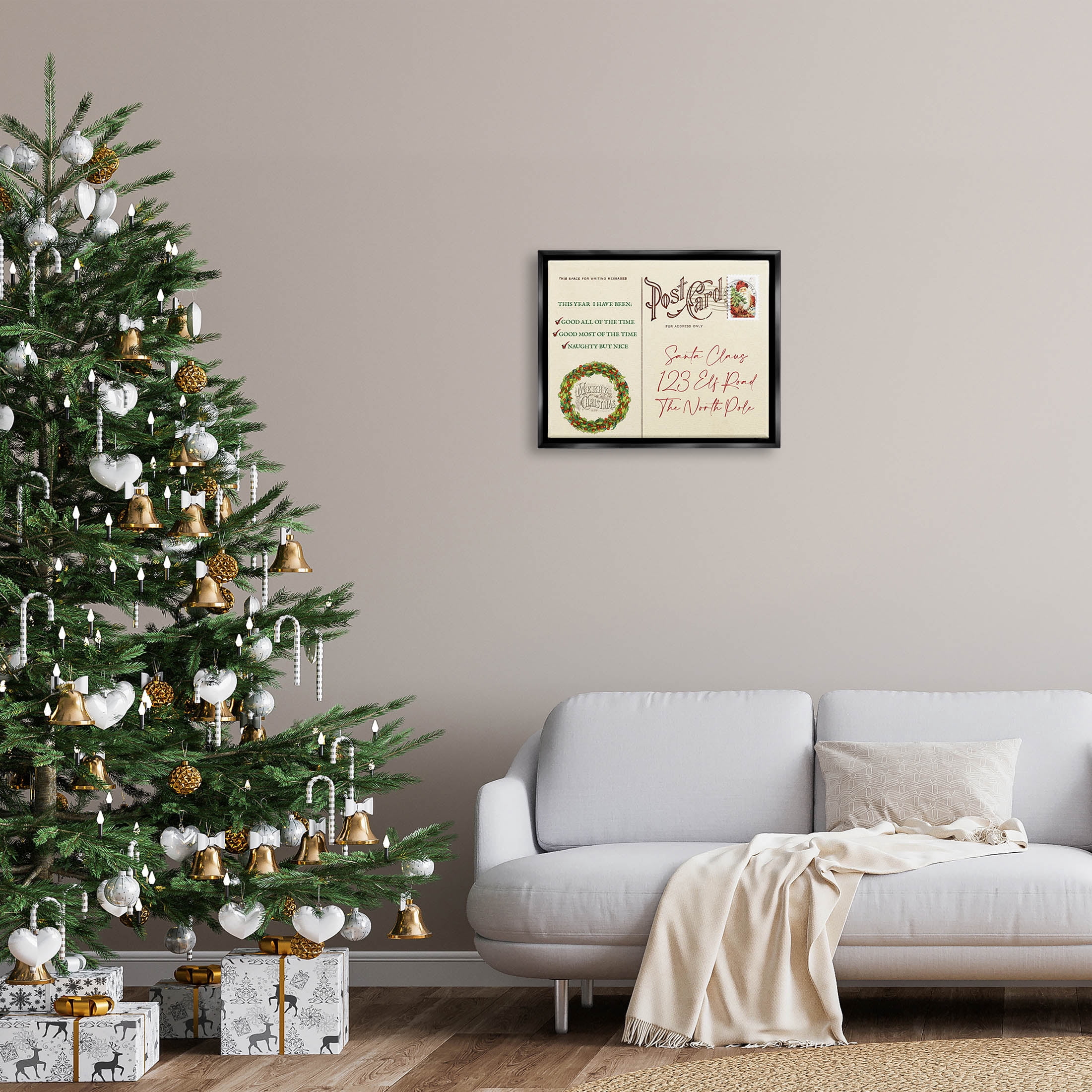 Stupell Industries Merry Christmas Vintage Postcard Graphic Art Jet Black Floating Framed Canvas Print Wall Art, Design by Lil' Rue