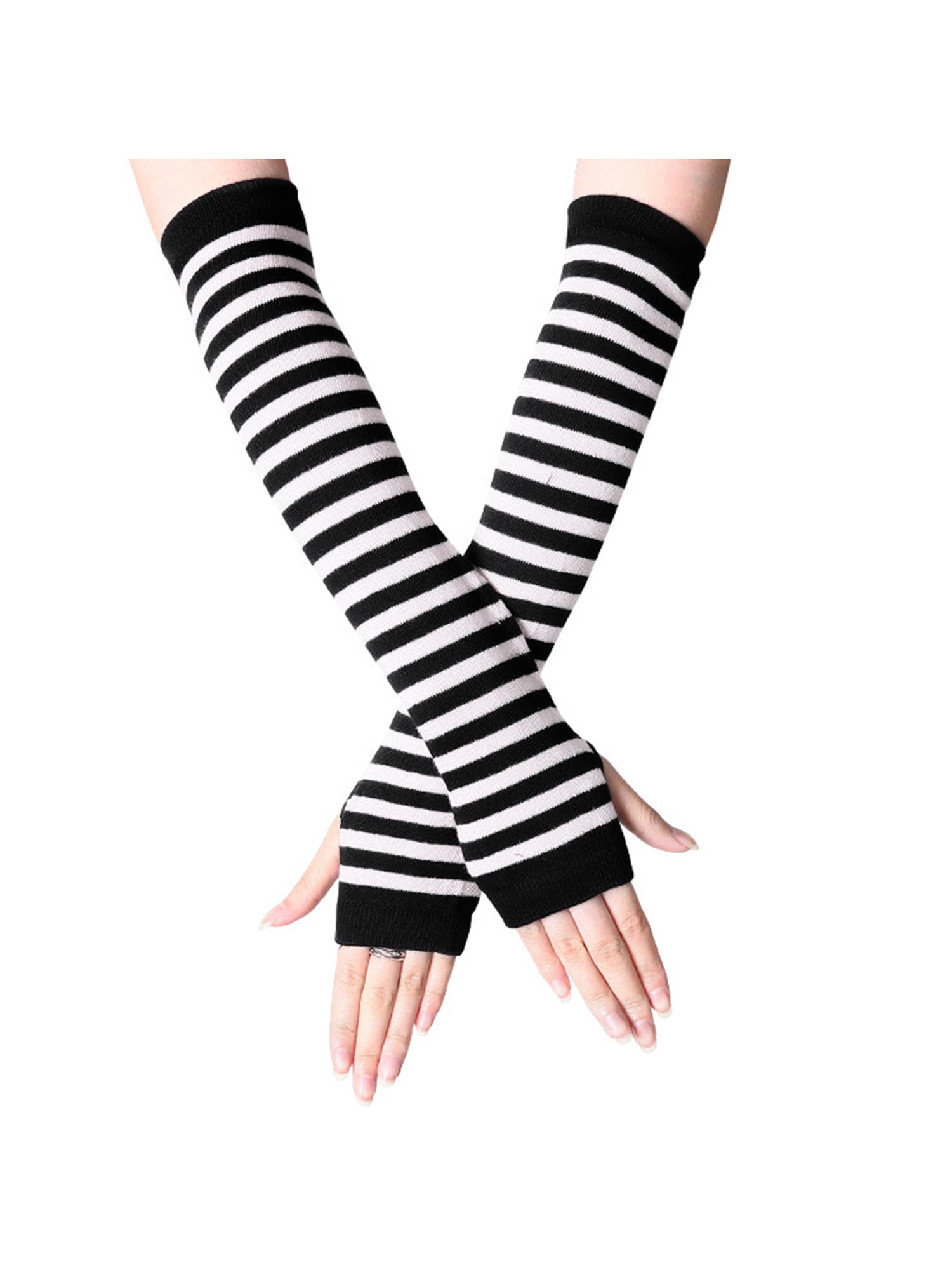 Women Girls Solid Wrist Arm Warmer Knitted Long Fingerless Gloves Mitten Stripe