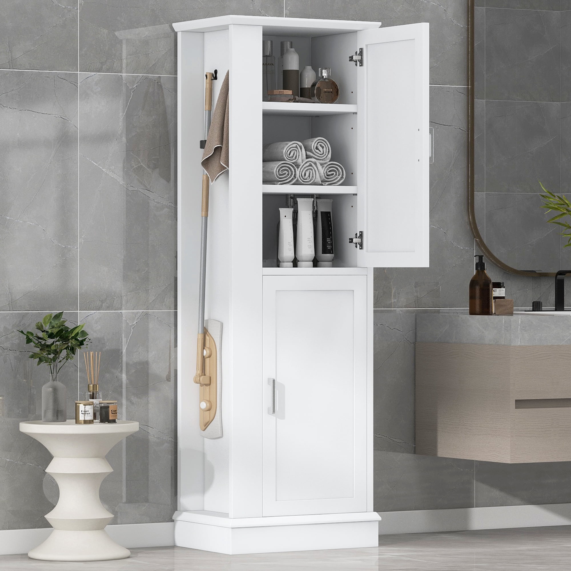 Harper & Bright Designs Tall Bathroom Storage Cabinet Doors and Hook, Modern Freestanding Cabinet with Adjustable Shelves for Bathroom, White