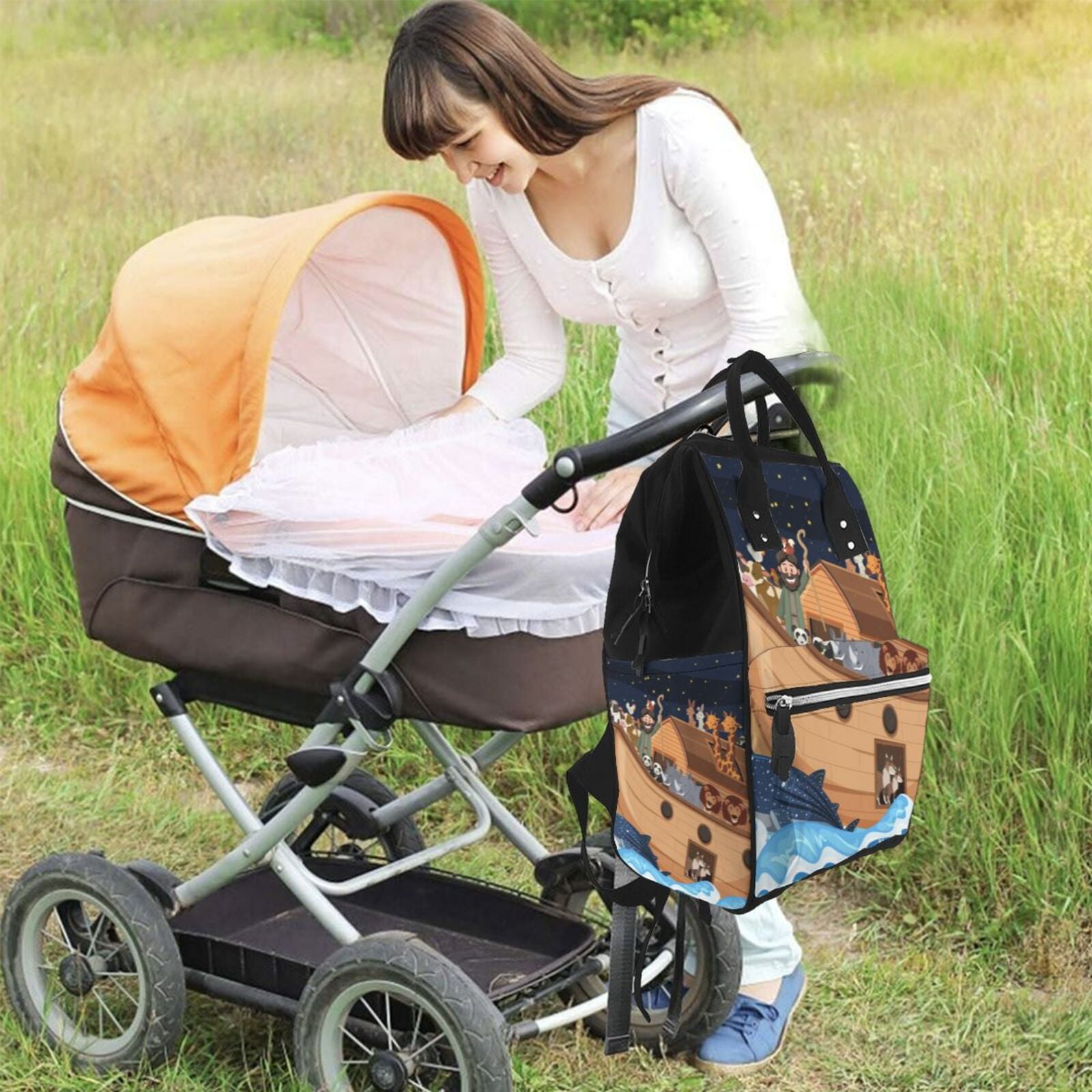 Ratiio Ocean Scene with Noah's Ark Mummy Backpack - Waterproof Twill Canvas, Large Capacity Diaper Bag with Multiple Pockets and Adjustable Straps