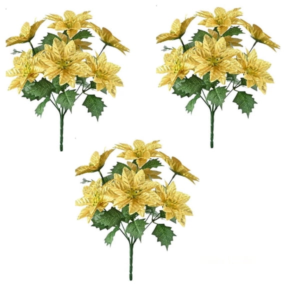 3 Pack Artificial Poinsettia Bushes – 12.3" Faux Gold Poinsettia Bouquets with 7 Heads Each, Christmas Artificial Flowers for Holiday Tree, Table Centerpiece, Indoor Outdoor Décor, DIY Table Runner