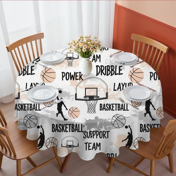 Basketball and Text White Pattern Round Tablecloth 70"x70", Wrinkle Resistant Wipeable Table Cover for Kitchen Dining Room Picnic Patio and Party