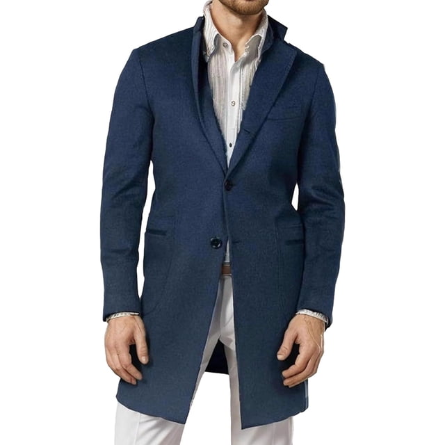 Lovzfmll Men's Wool Blend Trench Coat Notched Lapel Double Pockets Mid-Length Zip Button Blue, L