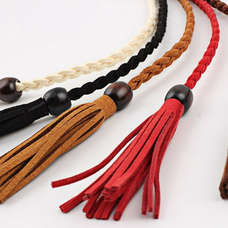 PIKADINGNIS New Narrow Rope Braided Solid for Dress Wooden Beads Skinny  Tassel Artificial PU Thin Self Tie Daily Women Waist Belt Waistband 