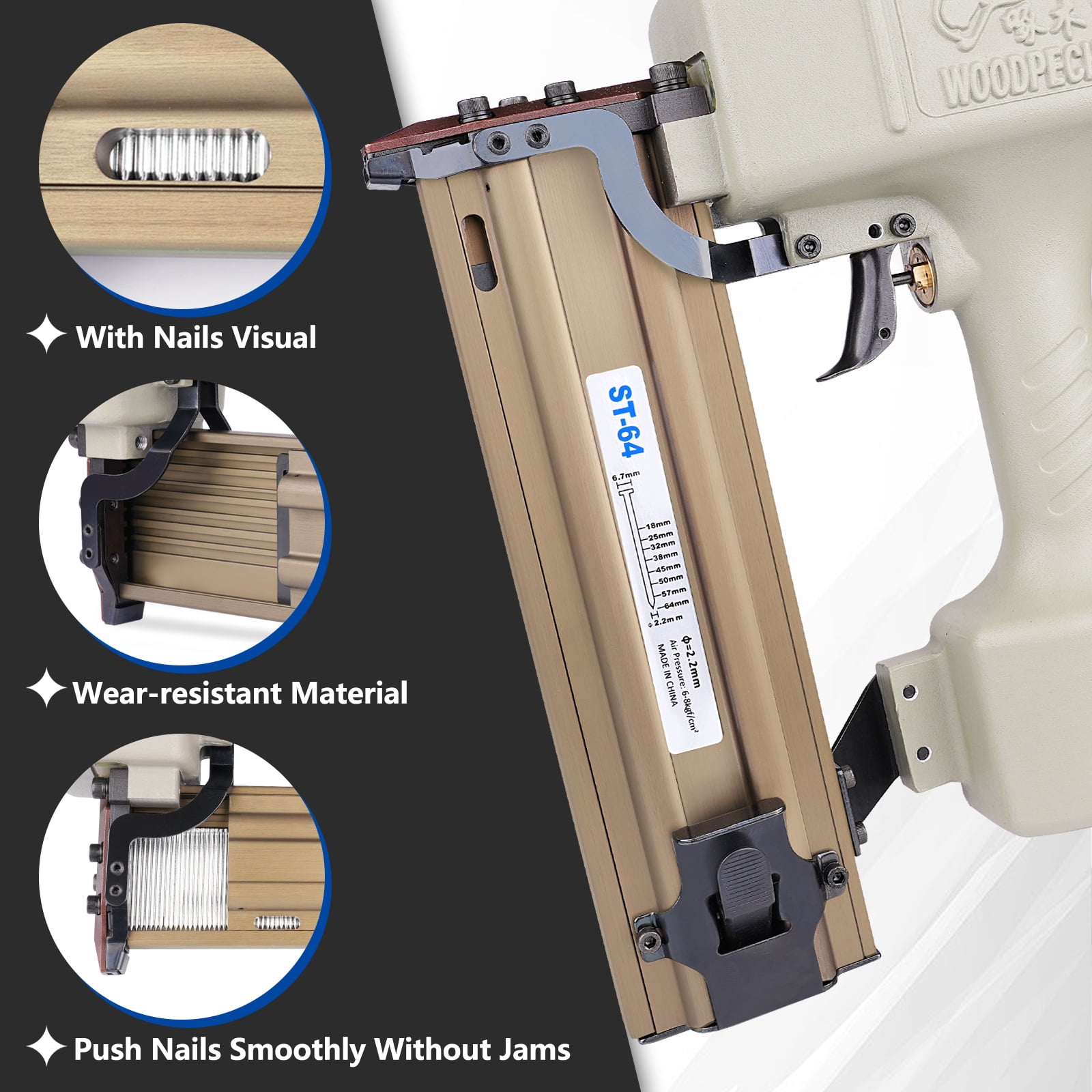 WOODPECKER ST64 Pneumatic Concrete T Nailer, 14 Gauge 3/4" to 1-1/2" Heavy Duty Air Concrete Nail Gun for hardwood nailing, Masonry, Cement, Concrete Brick Nailing