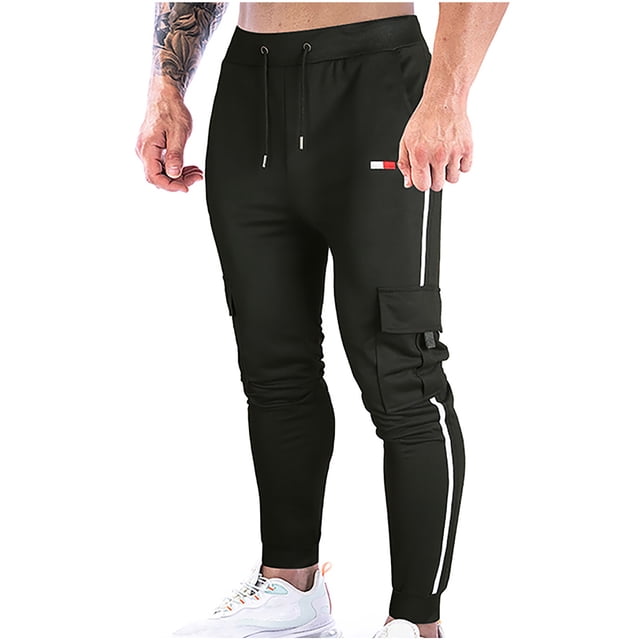 KIHOUT Men's Sweatpants with Striped Belt Zipper Pockets Elastic Waist Tapered Joggers for Men Drawstring Athletic Pants for Workout, Jogging, Running