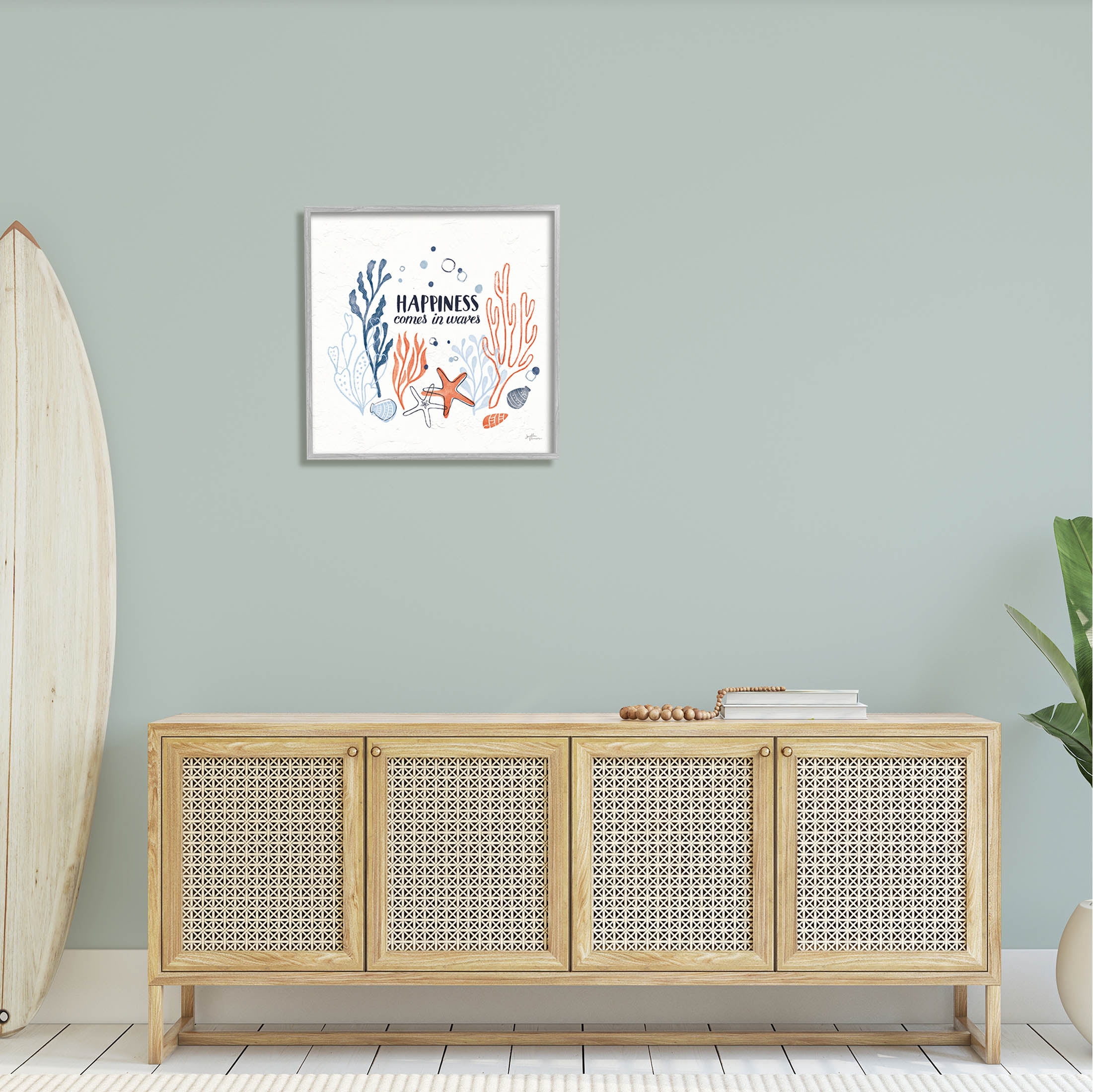Stupell Industries Happiness Comes In Waves Sea Life Graphic Art Gray Framed Art Print Wall Art, Design by Janelle Penner