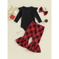 thumbnail image 5 of FEORJGP Infant Newborn Baby Girls Fall Outfit Long Sleeve Romper Crew Neck Jumper Solid Bodysuit with Plaid Flare Pants and Headband Clothing Set, 5 of 9
