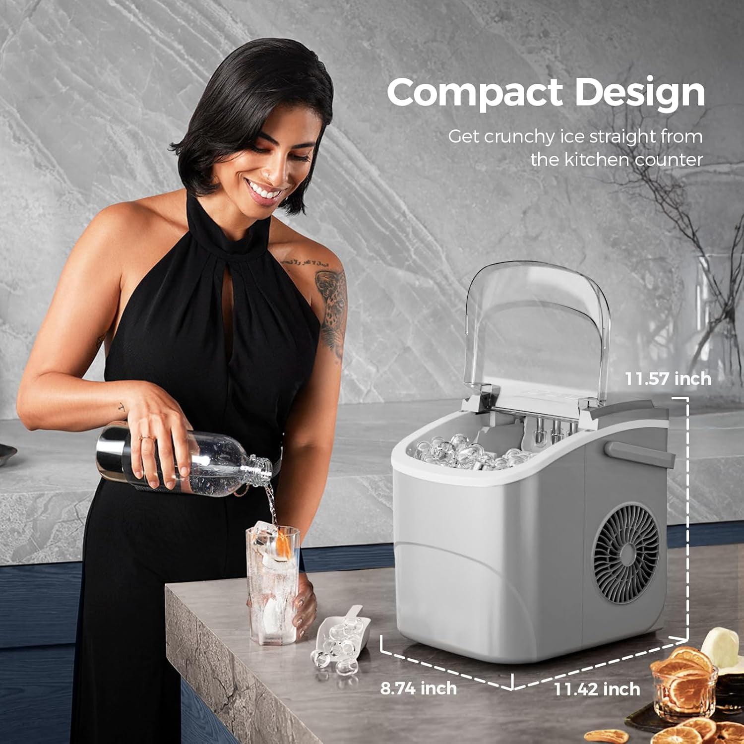 Countertop Ice Maker Machine, 26Lbs/24H, 9 Cubes in 6 Mins, Self-Cleaning, 2 Sizes Bullet Ice, Portable for Home Kitchen, Black