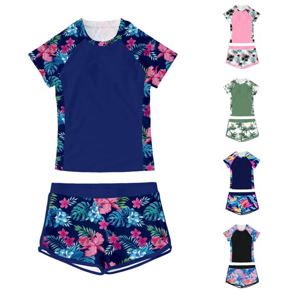 CUZIBR Girls Two Piece Swimwear Set Rash Guard Short Sleeve Round Neck Color Block Print Shirts And Shorts Summer Beach Pool Outfit Bathing Suit For Toddler Kids Pool Beach Swimwear,Blue-c,7-8 Years