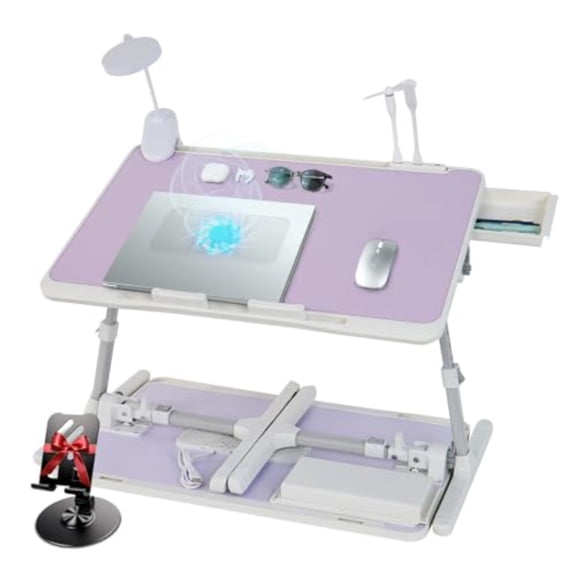 Laptop Lap Desk with Cooling Fan - Adjustable with Light, USB, Storage Drawer - Folding Bed Desk, 23.62"*15.74", White