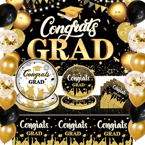 Forfamy 2026 Graduation Party Supplies, Graduation Party Plates and Napkins Set, Graduation Party Decorations Banner Balloons Party Supplies, Black