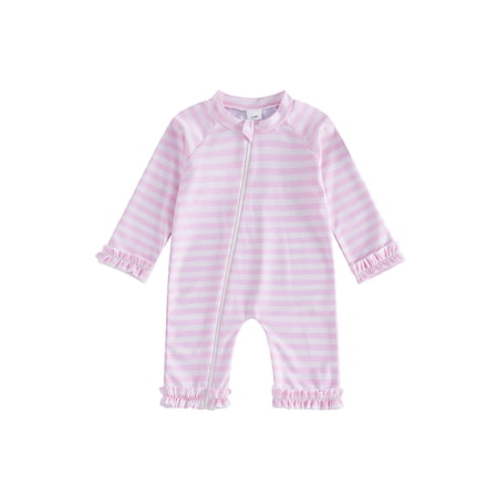 BemeyourBBs Newborn Baby Girl Pink One Piece Swimsuit Infant Girl Bathing Suit Flower Print Rash Guard Long Sleeve Zipper Ruffle Swimwear Summer Pool Beachwear