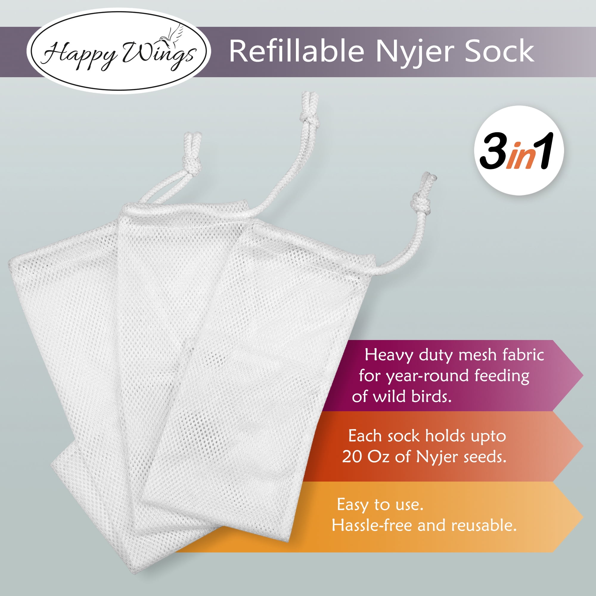 Happy Wings 8lbs No Grow Nyjer Seed Bird Food & 3 Empty Sock Feeders for Wild Bird Seed - Dry