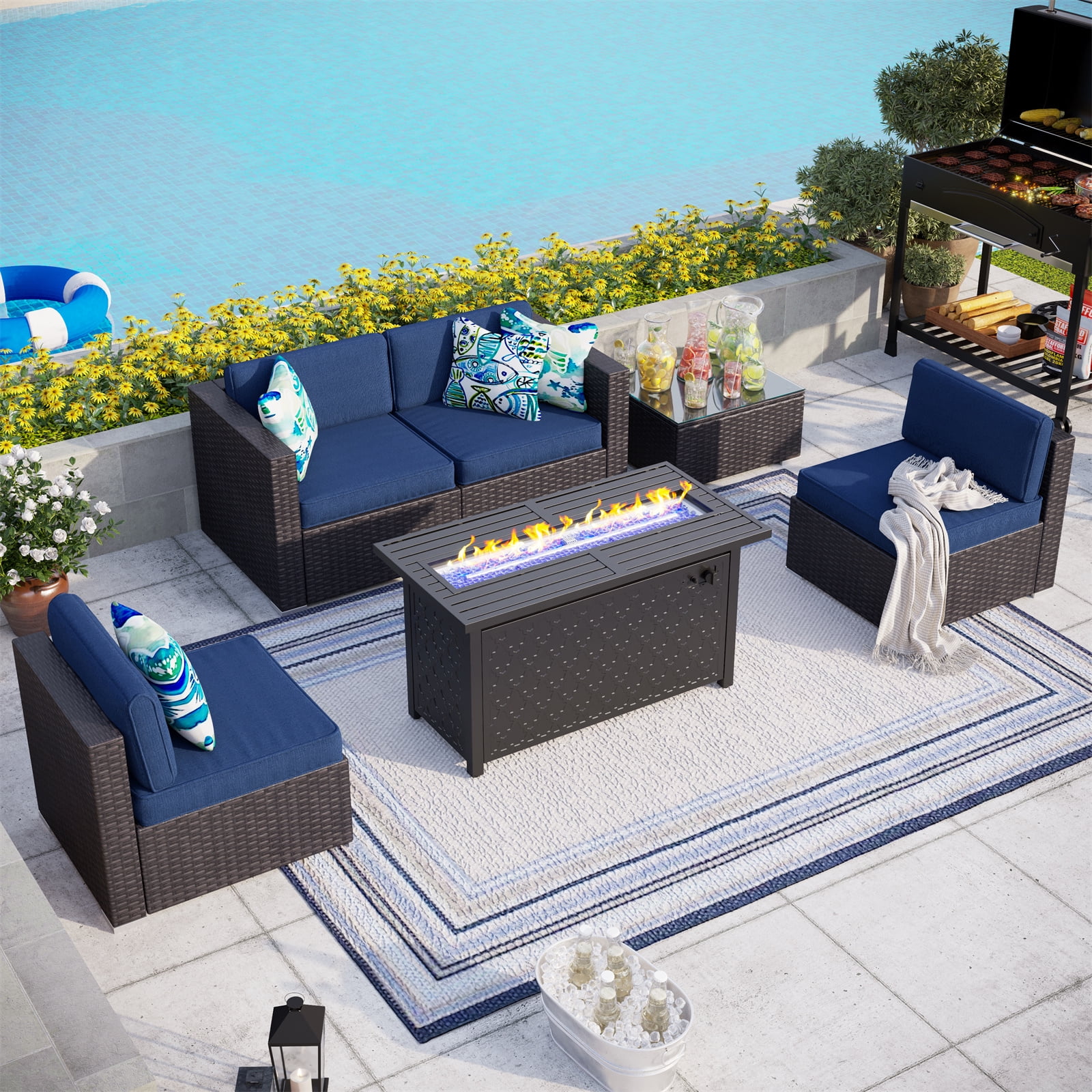 MF Studio 6 PCS Outdoor Patio Furniture Set with 45-Inch 50,000 BTU Fire Pit Table Patio Conversation Set with Navy Blue Cushions