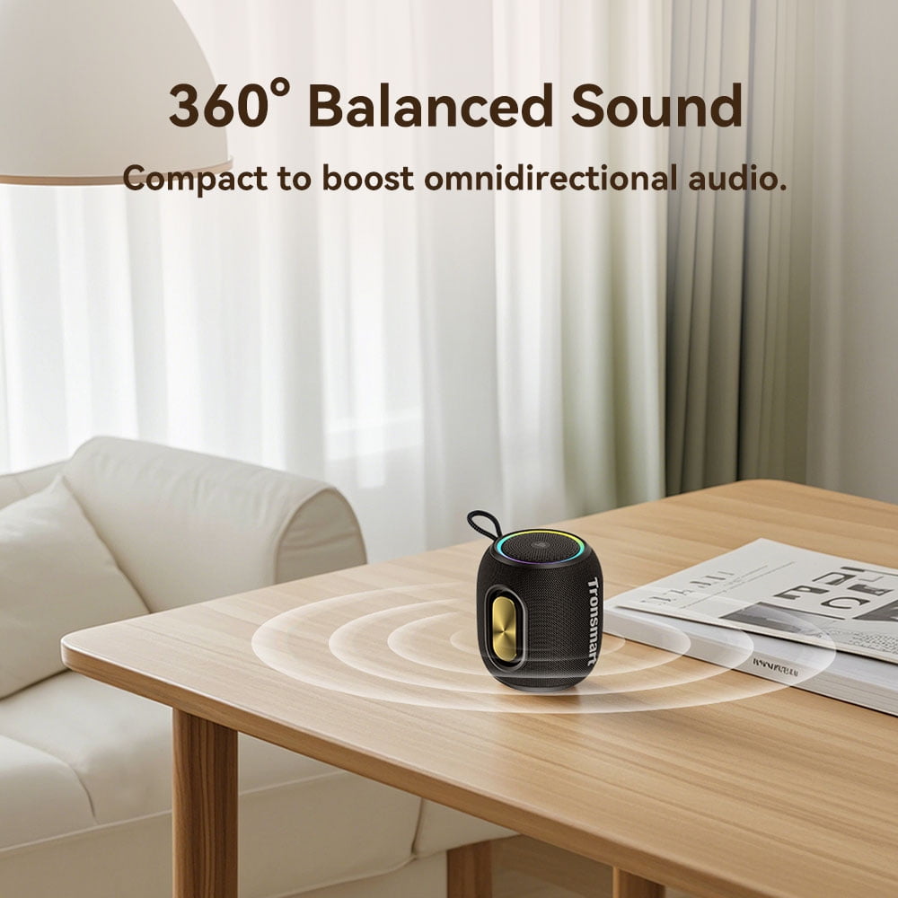 Tronsmart T8 Mini Ultra-Portable Bluetooth Speaker, 16W Big Bass, 360° Sound, IPX7 Waterproof, 20H Playtime, Custom EQ & Light - Black