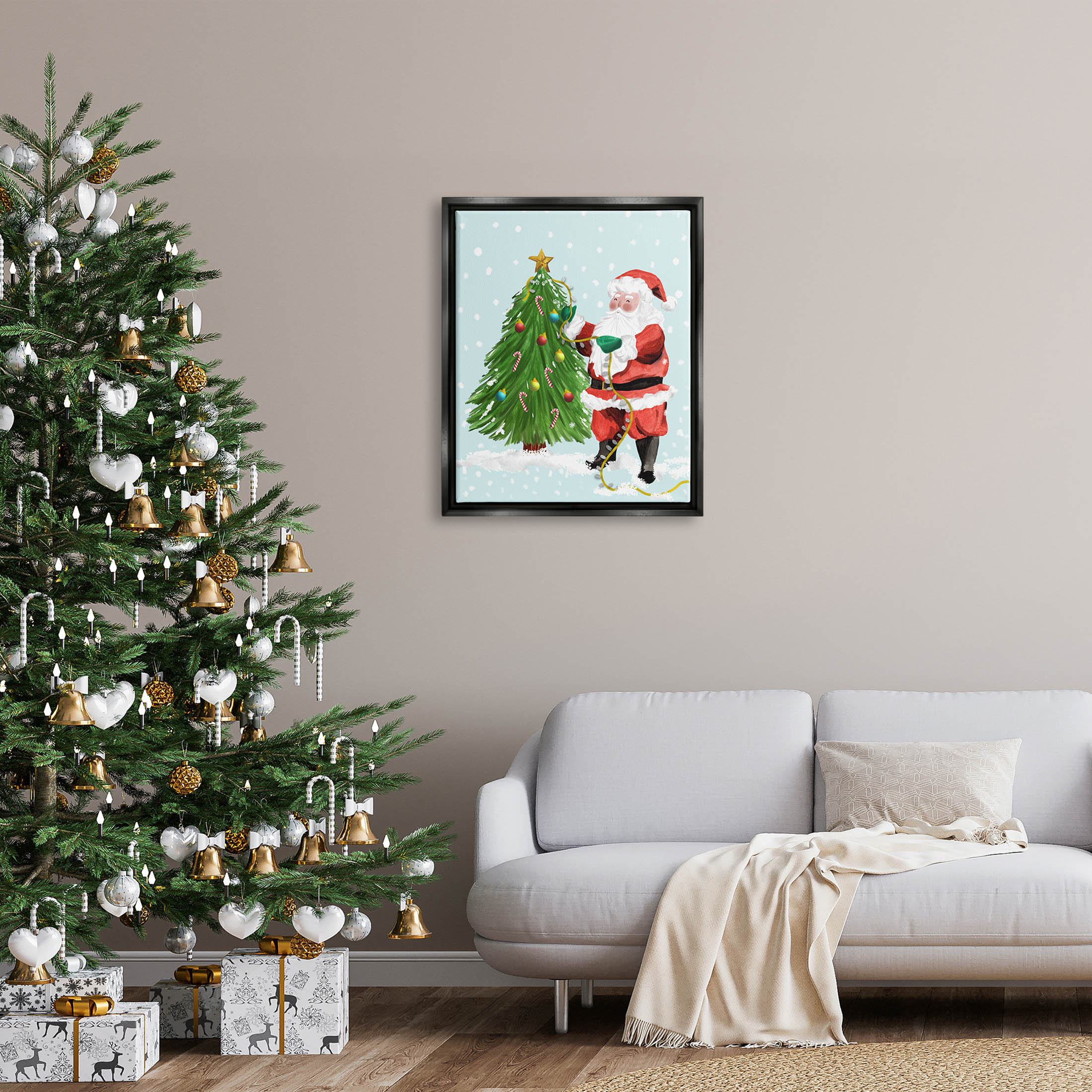 Snowy Santa Claus Tree Scenery Holiday Graphic Art Jet Black Framed Art Print Wall Art