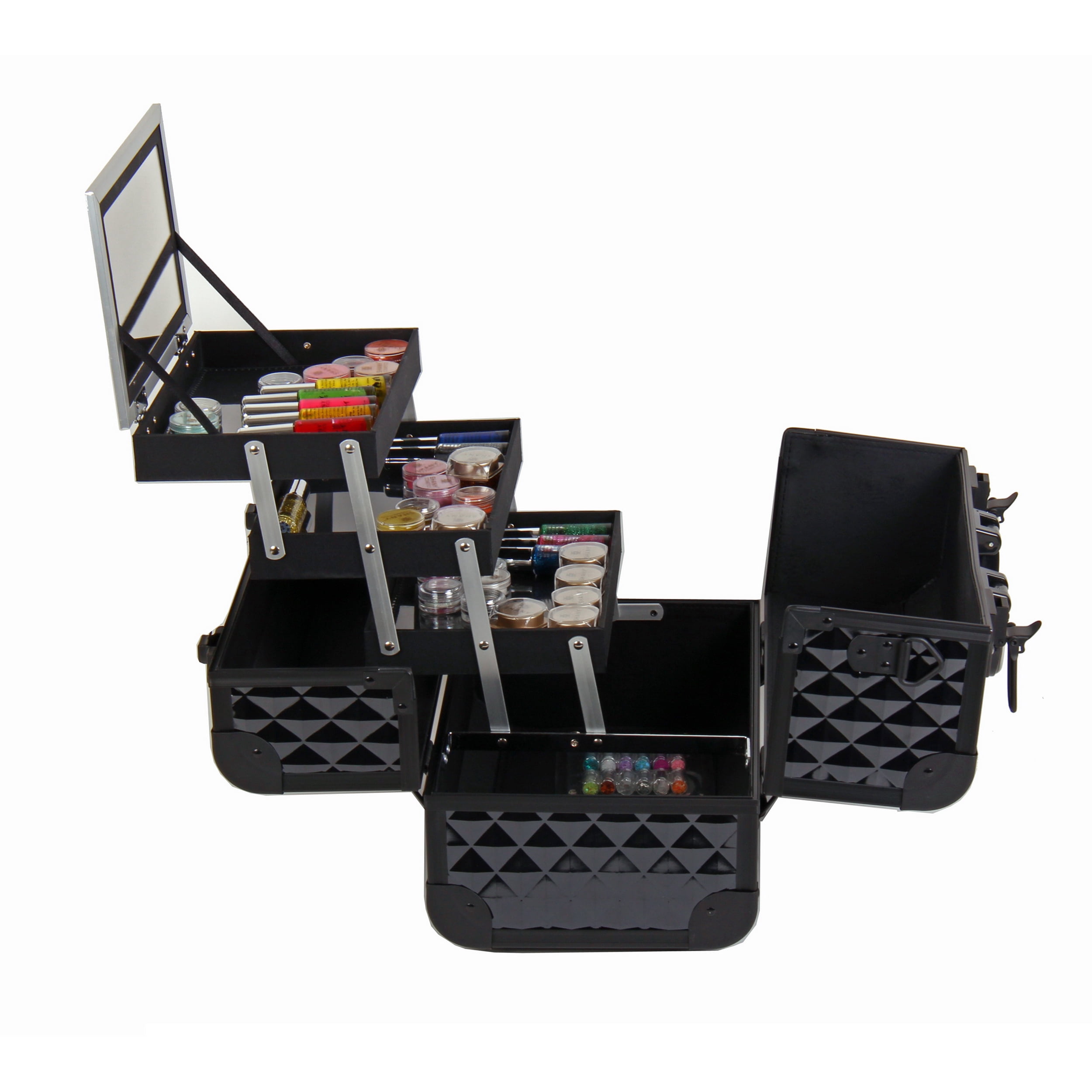 SHANY Premier Fantasy Professional Makeup Train Case Cosmetic Box Portable Make up Case Organizer Jewelry storage with Locks, 3 Trays , Makeup Brush Holder and Cosmetics Mirror - Onyx Black