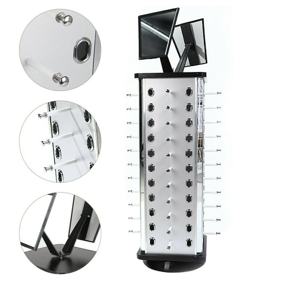 360° Rotating Eyeglass Display Rack with Adjustable Mirrors, Holds Up to 44 Pairs, Stylish Aluminum Frame for Sunglasses, Reading Glasses, and Accessories