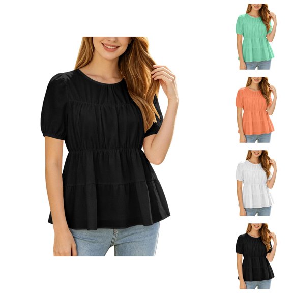 Peplum Tops for Women Summer Puff Short Sleeve Crewneck Pleated Dressy Casual Flowy Blouse Cute Vacation Outfits