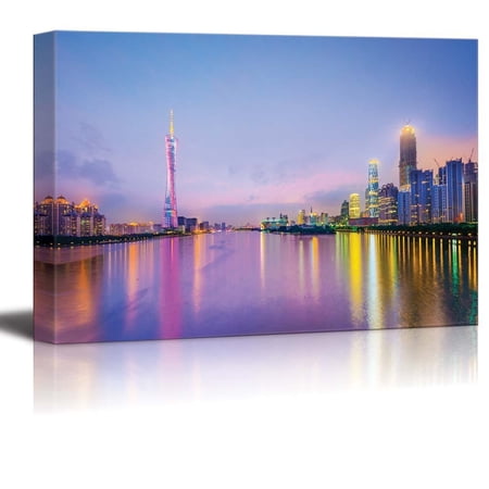 Guangzhou China City Skyline Cityscape on The Pearl River in The Evening - Canvas Art Wall Art - 16" x 24"