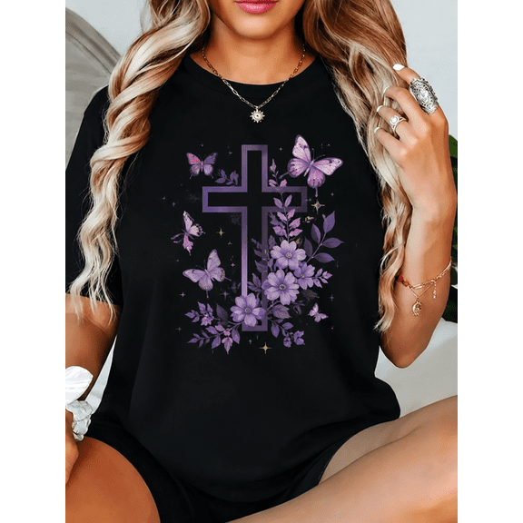 Christian Graphic T-Shirt Blessed by God Cross Butterfly Floral Print Casual Tee