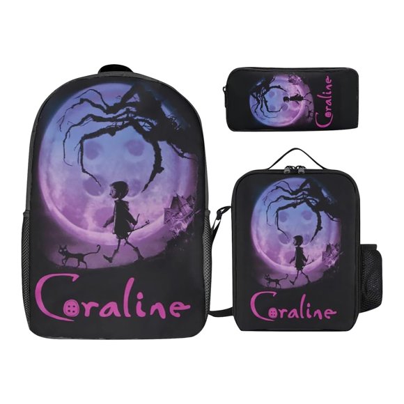Ensemble de Sacs à Dos Coraline pour Garçons et Filles 3 Pcs Sac à Dos d'École Dessin Animé avec Sac Bandoulière Trousse Élèves Sac d'École Mignon Sac à Dos Coraline Sac à Dos de Voyage, Fournitures de Rentrée