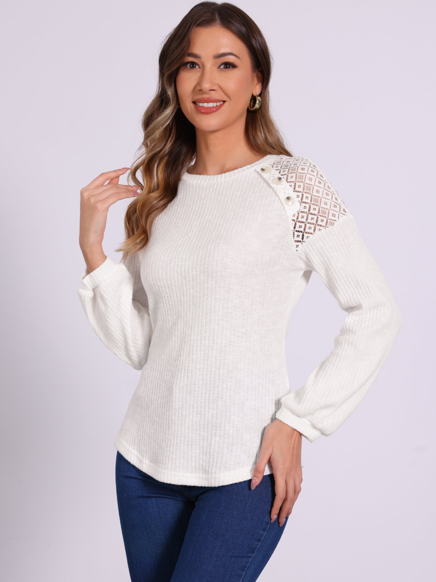DARING DIVA Women's Chic Lace-Trimmed Crew Neck Knit Sweater Tops XS White