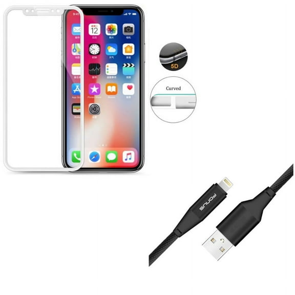 iPhone XS/X - Tempered Glass Screen Protector w Charger Cord 10ft USB Cable - 5D Touch Curved Edge Full Cover Bubble Free Case Friendly 9H Hardness, Power Wire Braided Long Sync Fast Charge