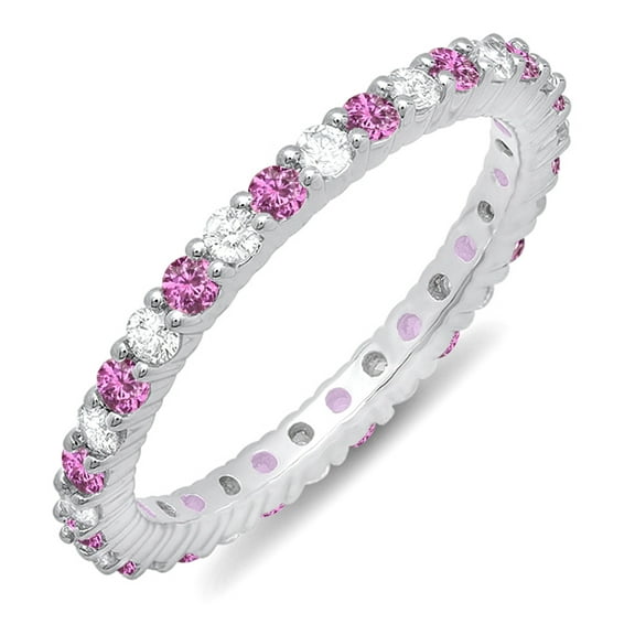 Dazzlingrock Collection 14K Round Pink Sapphire & White Diamond Ladies Eternity Stackable Ring Wedding Band, White Gold