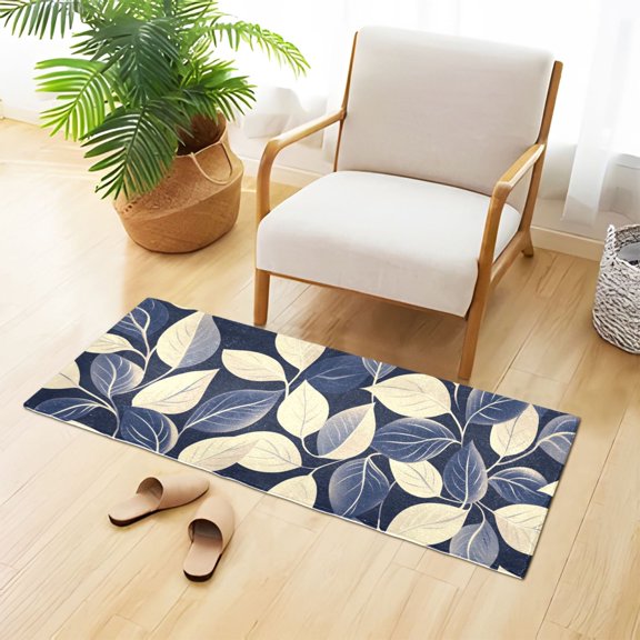 Dark Blue and Beige Leaves Plush Carpet Non Slip Runner Rug Absorbent Bath Mat 39" x 20"