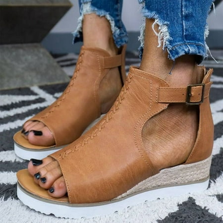 LoyisViDion WomenS Sandals Clearance Women S Solid Wedge Casual Vacation Flat Beach Sandals Shoes Rollback Brown 9.5