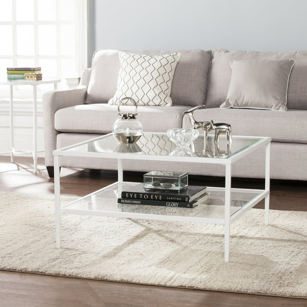 Kaari Square Metal/Glass Open Shelf Coffee Table, White