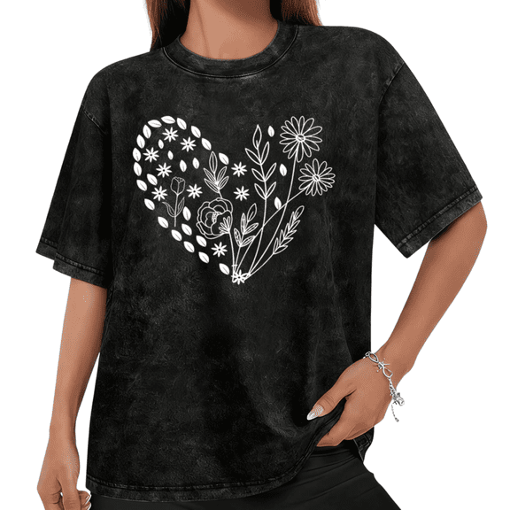 Women Heart Shape Floral Line Art Graphic Tees T Shirt Tops Round Neck Printed Cotton Washed T Shirt Black S-2XL Plus Size