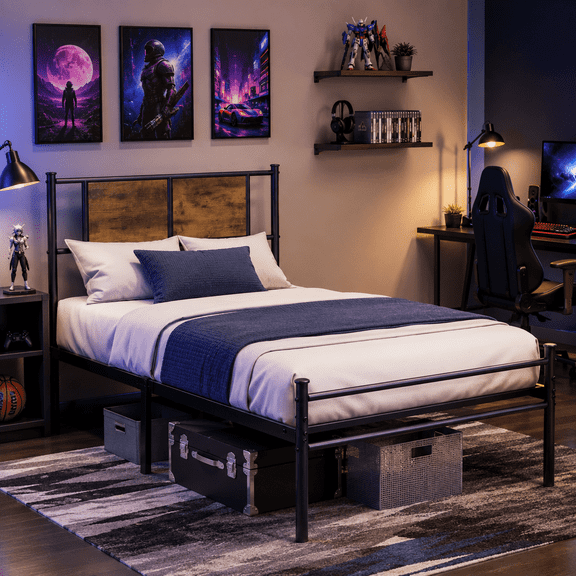 SESSLIFE Twin Size Bed Frame with Headboard, Metal Platform Bed Frame with Wood Panel, Noise Free Steel Slat Support, No Box Spring Needed, Under Bed Storage, 300 LBS