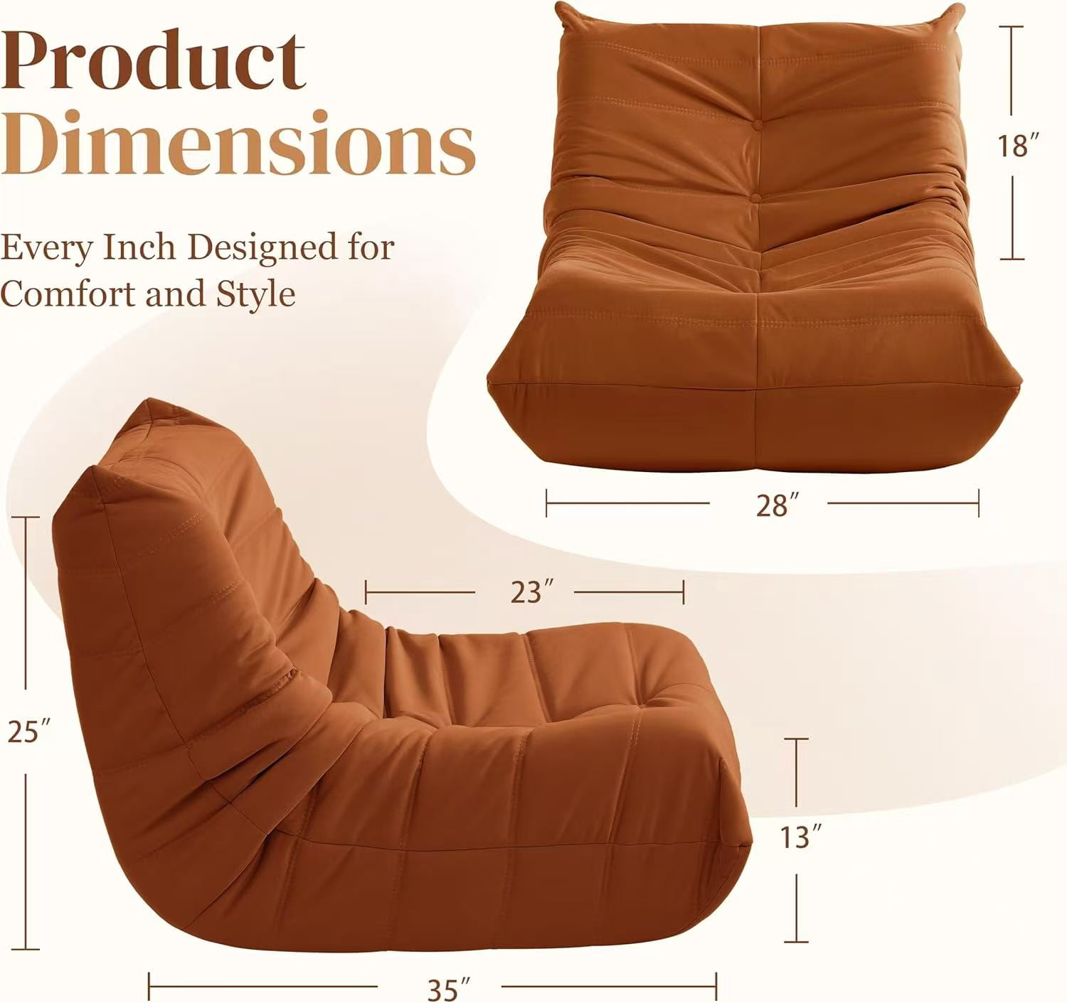 MOONMISS Armless Bean Bag Chairs for Adults,Memory Foam Bean Bag Chair for Living Room Bedroom Office，Orange