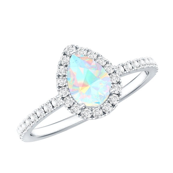 Rosec Jewels Real Ethiopian Opal Pear Shaped Engagement Ring with Halo - 0.7 Carat - Opal Diamond Ring for Women - AAA Quality, 925 Sterling Silver, US 4.00