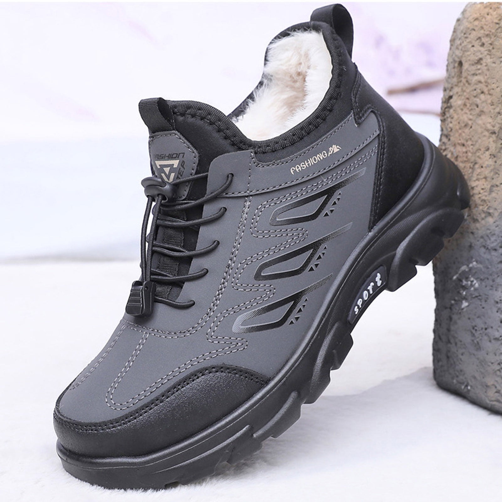 Snow Boots for Men Thickened Warm Comfy Furry Lined Winter Hiking Shoes Adjustable Strappy Fashion Waterproof Leather Outdoor Sneakers Gray Size 10