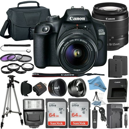 Canon EOS 2000D / Rebel T7 DSLR Camera with 18-55mm Lens + 2 Pcs SanDisk 64GB Memory + Tripod + Case + ZeeTech Kit