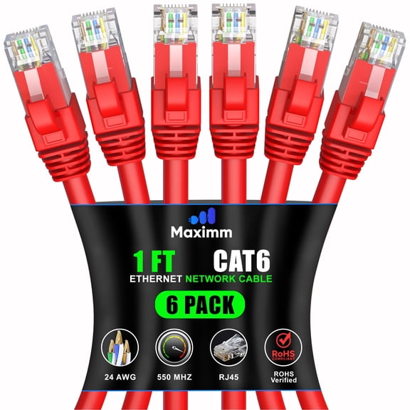 Maximm Cat 6 Ethernet Cable 1 ft (6-Pack) - High-Speed LAN Cable, Internet Cable, Patch Cable, and Network Cable - UTP, 10Gbps, 550MHz Ethernet Cord - Red