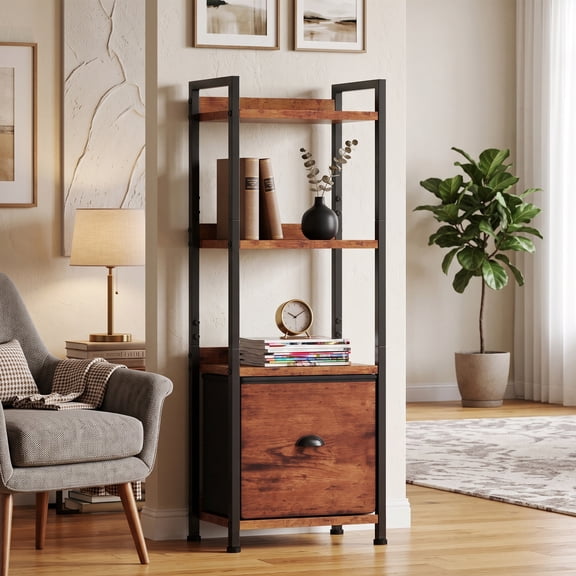 CONCETTA 4 Tier Bookshelf with Drawer, Tall Narrow Bookcase with Shelves, Wood and Metal Storage Organizer for Bedroom, Living Room, Rustic Brown