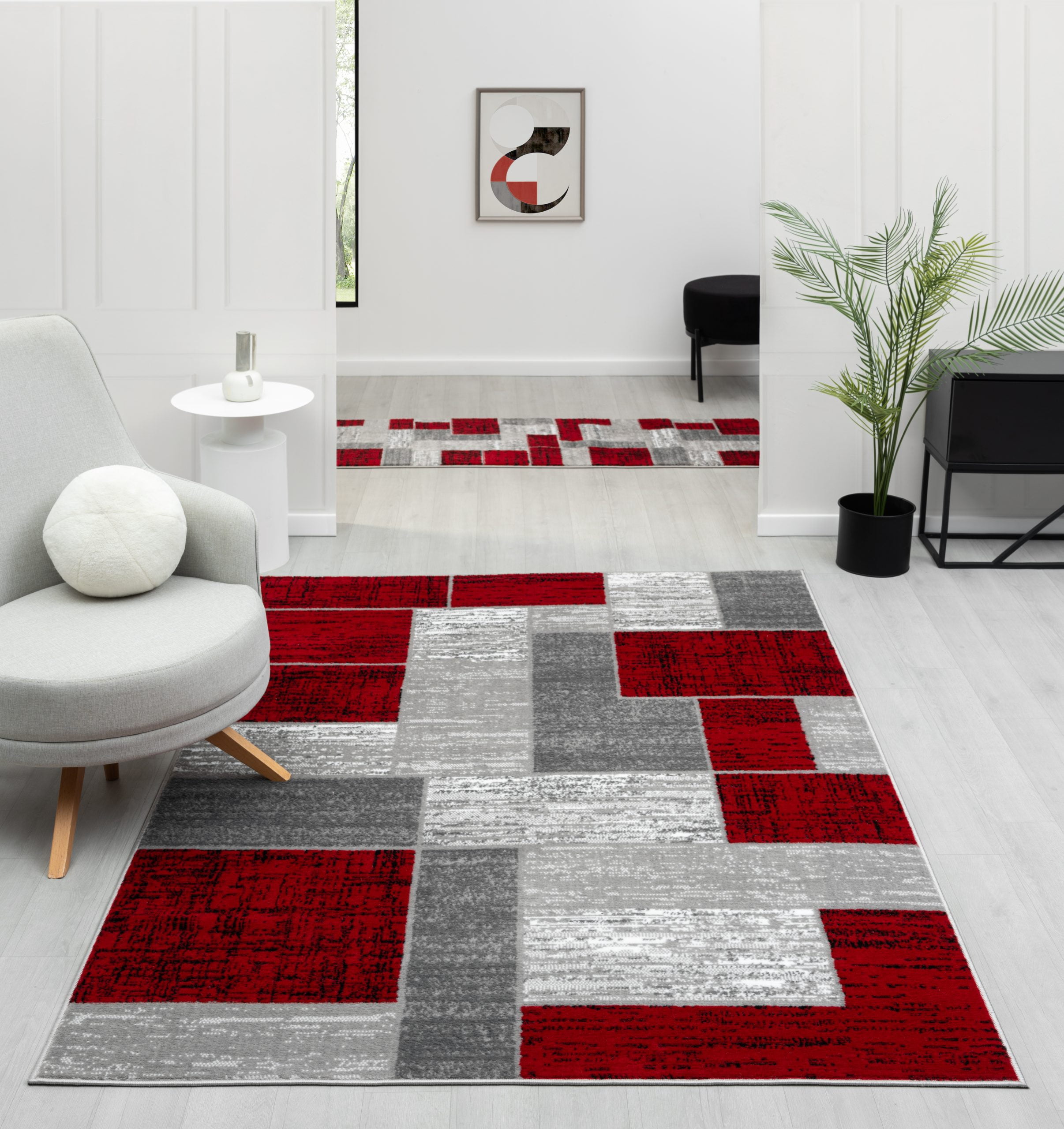 L'Baiet Verena Geometric Area Rug Red Grey 5' x 7' Medium Area Rugs Carpet for Living Room, Bedroom, Dining Table, Office, Hallway, Foyer | Neutral Colorful Modern Abstract Home Decor