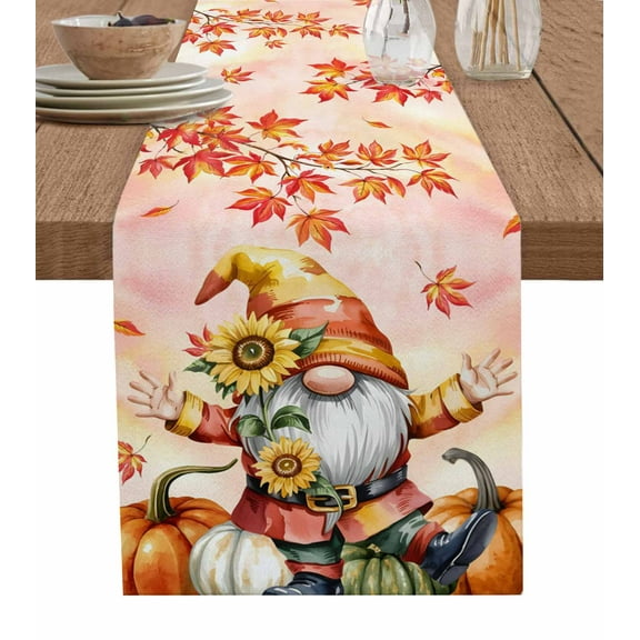Thanksgiving Gnomes Burlap Cotton Table Runner 18x72 Inches Long, Fall Orange Maple Pumpkins Rustic Farmhouse Table Runners, Outdoor Dining Tablecloths Decor for Baby Shower/Party/Wedding