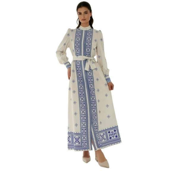 Printed Long Sleeve Maxi Dress with Belt