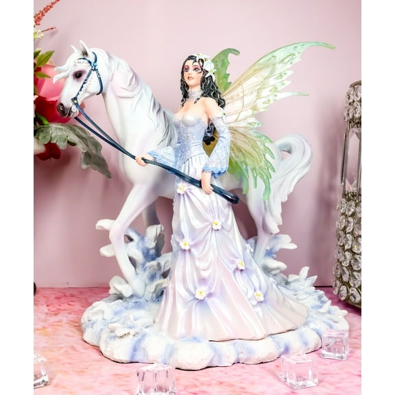 Aurora Borealis Winter Fairy With Sacred White Horse Statue 10"Long Nene Thomas
