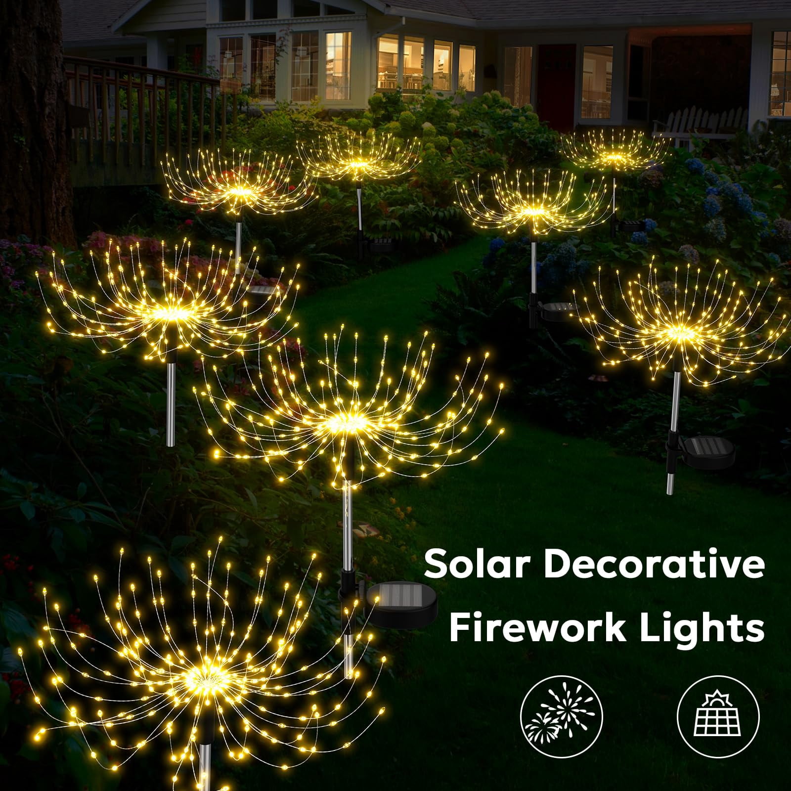 Solar Lights Outdoor Decorative, Solar Garden Lights, 8 Pack Firework Stake Lights for Garden Decor, Unique Gifts for Women, Gifts for Grandma, Warm White - 120 LED